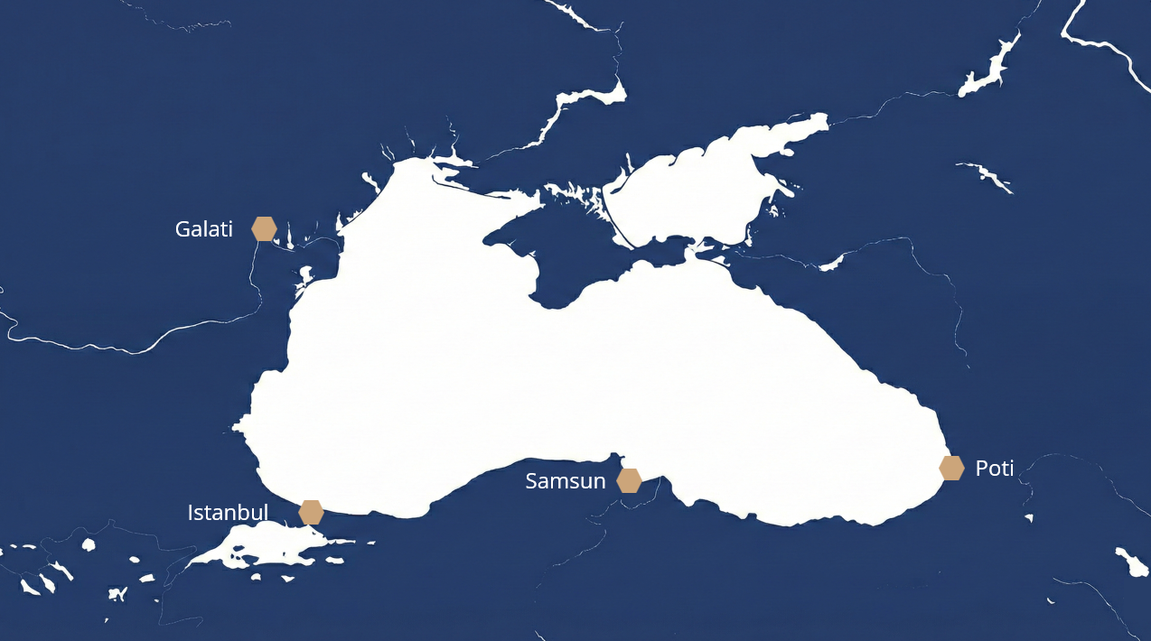 black sea illustration with ports